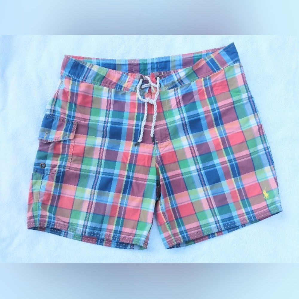 POLO Ralph Lauren Preppy Plaid Yellow Embroidery Pony Swim Trunks Shorts M 34